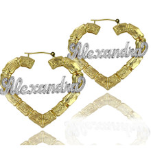 Bamboo Heart Name Earrings with Yellow or Rose Gold Overlay - Diamond Beading Name Earrings