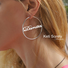 Large Hoop Name Earrings in Script Font - Sterling Silver, Yellow or Rose Gold
