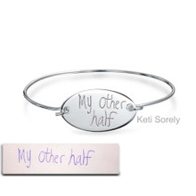 Engraved Handwritten Message Bangle with Oval Disc - Choose Your Metal