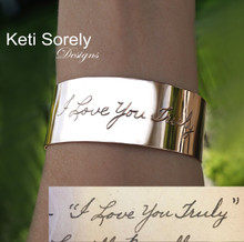 Handwritten Message Cuff Bracelet - Engrave Front & Back - Sterling Silver, Yellow or Rose Gold Overlay