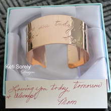 Handwritten Message Cuff Bracelet - Engrave Front & Back - Sterling Silver, Yellow or Rose Gold Overlay