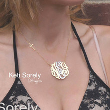 Monogram Necklace with CZ Stones & Sideways Cross - Solid Gold or Sterling Silver