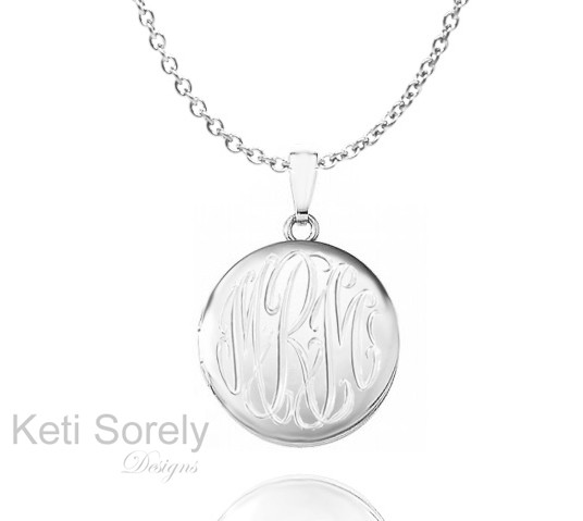 Personalized round locket bracelet with hand engraved monogram initials in  Sterling Silver, yellow Gold or Rose Gold