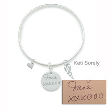 Handwritten Signature Disc Bangle with Heart & Angel Wing - Choose Your Metal