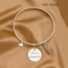Handwritten Signature Disc Bangle with Heart & Angel Wing - Choose Your Metal