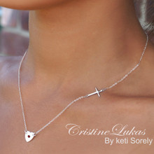 Heart Necklace with Genuine Birthstone & Sideways Cross - Choose Your Metal