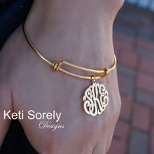 Personalized Bangle with Monogrammed Initials Charm - Yellow or Rose Gold Filled