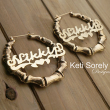 Celebrity Style Bamboo Name Earrings with Heart - Yellow or Rose Gold