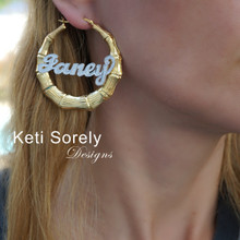 Celebrity Style Bamboo Name Earrings With Diamond Beading Imitation - Yellow or Rose Gold