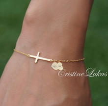 Create Your Family Initials Bracelet - Cross Bracelet with Personalized heart Charms - Choose Your Metal