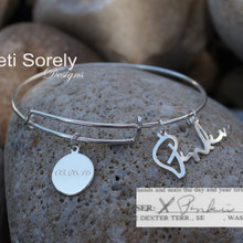 Handwritten Signature Bangle With Engraved Round Disc - Sterling Silver, Yellow Gold or Rose Gold