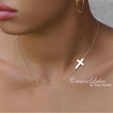 Celebrity style small sideways cross necklace in Sterling Silver or solid gold of your choice