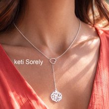 Lariat Monogram Necklace With Sideways Heart Charm - Sterling Silver or Solid Karat Gold
