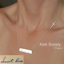 Engraved Bar Necklace With Your Handwriting & Sideways Cross - Choose Your Metal