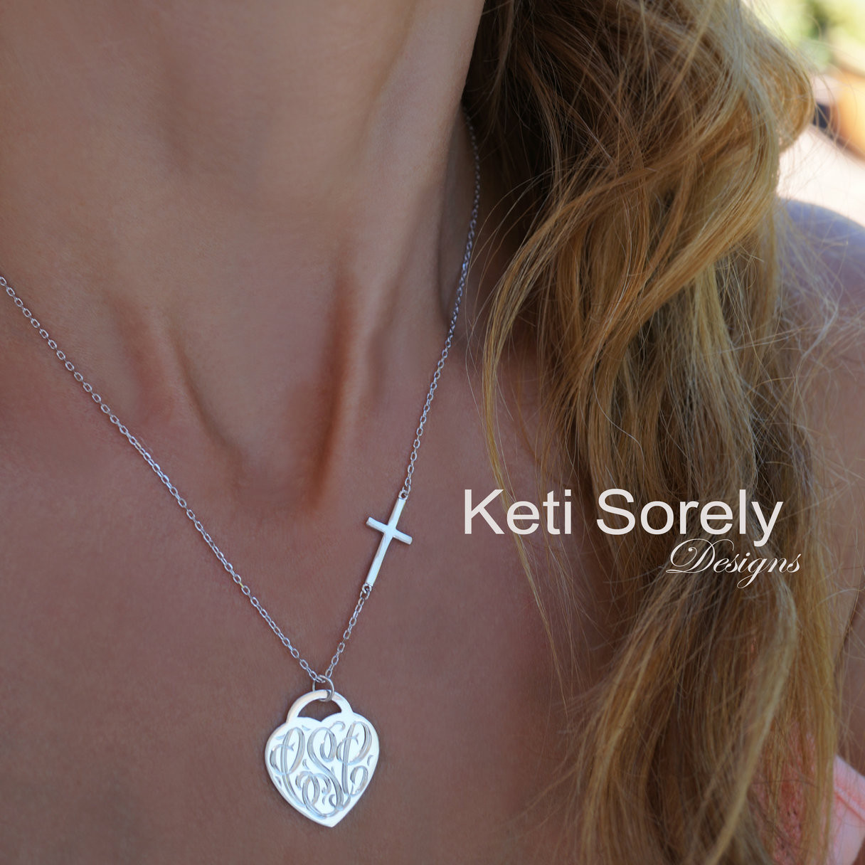 Engraved Heart Monogram Necklace with Celebrity Sideways Cross