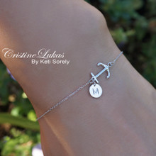 Sideways Anchor Bracelet With Initials Charm in Sterling Silver or Solid Gold