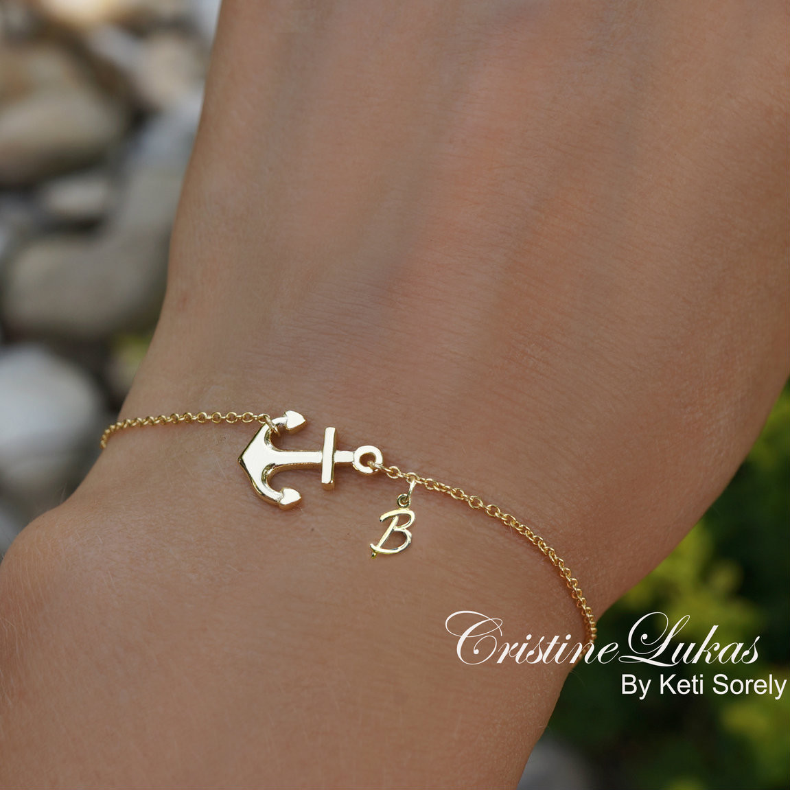 Celebrity style sideways anchor bracelet or anklet with your personalized  initial in sterling Silver or Solid Gold