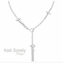 Family Names Necklace With Sideways Cross - Lariat Style Drop Necklace - Yellow, Rose or White Gold