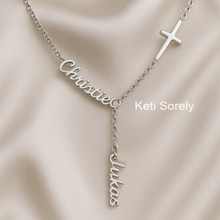 Family Names Necklace With Sideways Cross - Lariat Style Drop Necklace - Yellow, Rose or White Gold