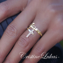 Double Wrap Name Ring with Cross -  Choose Your Metal