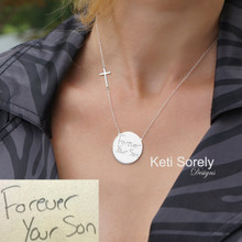 Engraved Handwriting or Signature Round Disk Necklace with Cross - Choose Your Metal