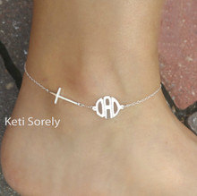 Sideways Cross Bracelet or Anklet with Modern Letter Monogrammed Initials - Choose Your Metal
