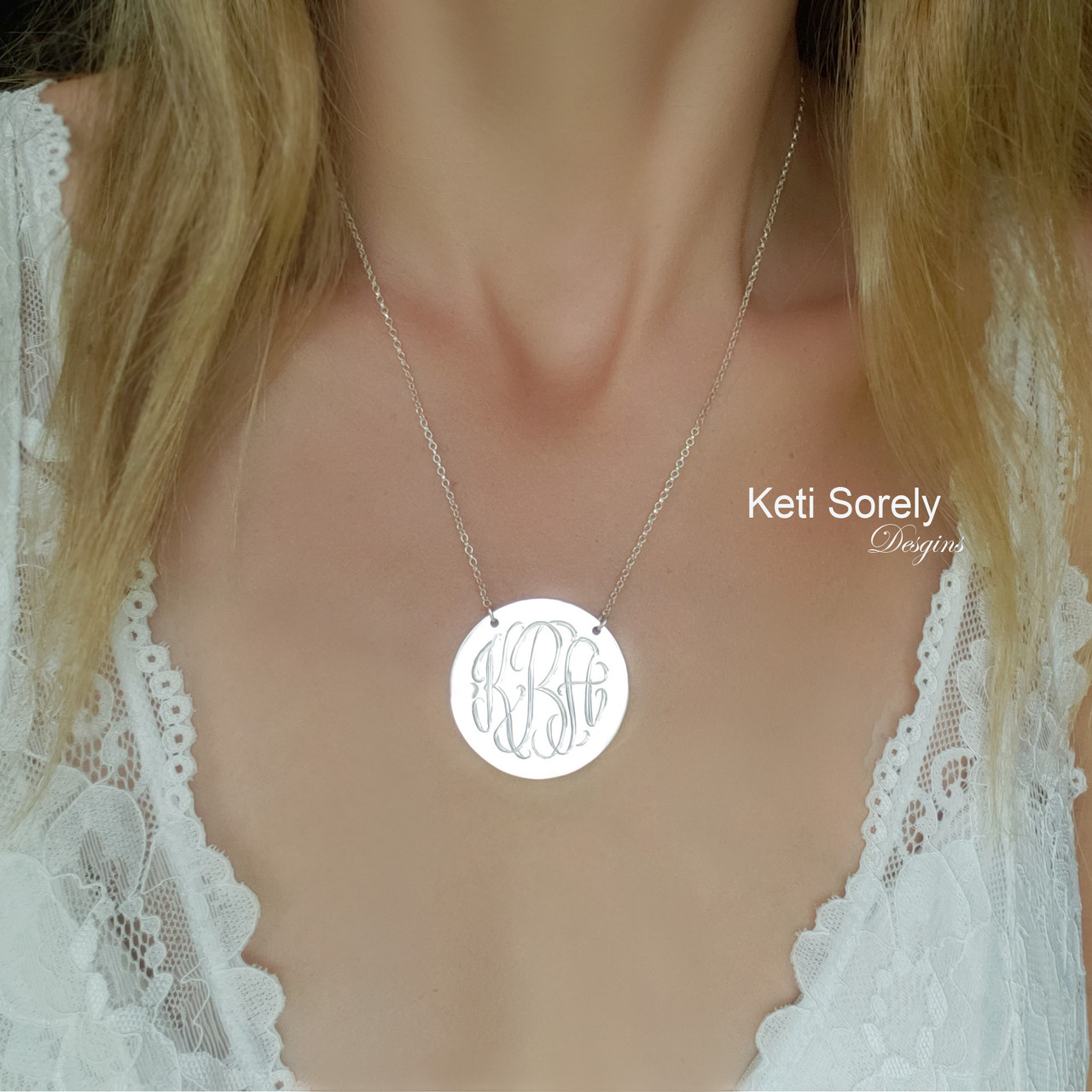 Hand engraved round disc monogram initials necklace in Sterling