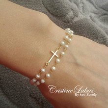Sideways Cross Bracelet with White Pearls  - Silver, Yellow or Rose Gold