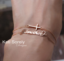 Custom Handwriting Bracelet or Anklet With Sideways Cross - Choose Your Metal