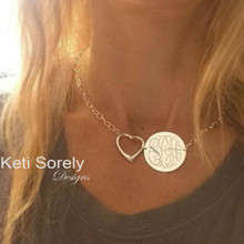 Hand Engraved Monogram Disc with Heart Charm & Large Chain - Choose Your Metal