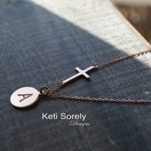 Hand Engraved Modern Initial Disc Necklace with Sideways Cross - Choose Your Metal