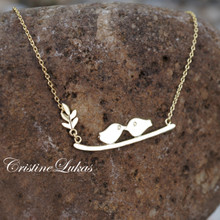 Dainty Love Birds Necklace  with Leafy Branch in Yellow Gold, Rose Gold or White Gold