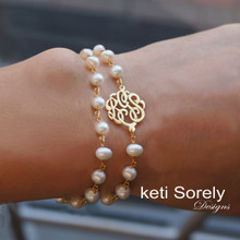 Double Stand Fresh Water Pearl Bracelet with Monogrammed Initials -Choose Metal