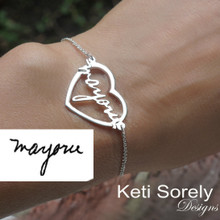 Open Heart Bracelet with Your Handwriting Word or Signature - Sterling Silver or Solid Gold