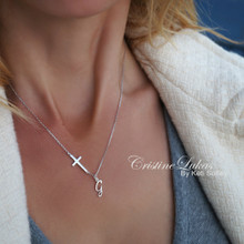 Classic Cross Necklace With Script Initial In Sterling Silver or Solid Gold