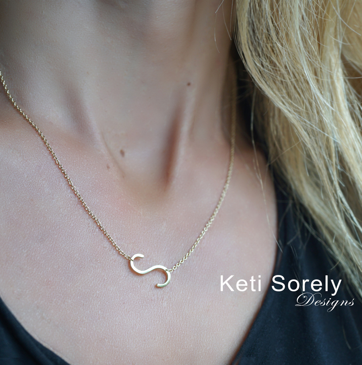 Handmade sideways initial necklace in 
