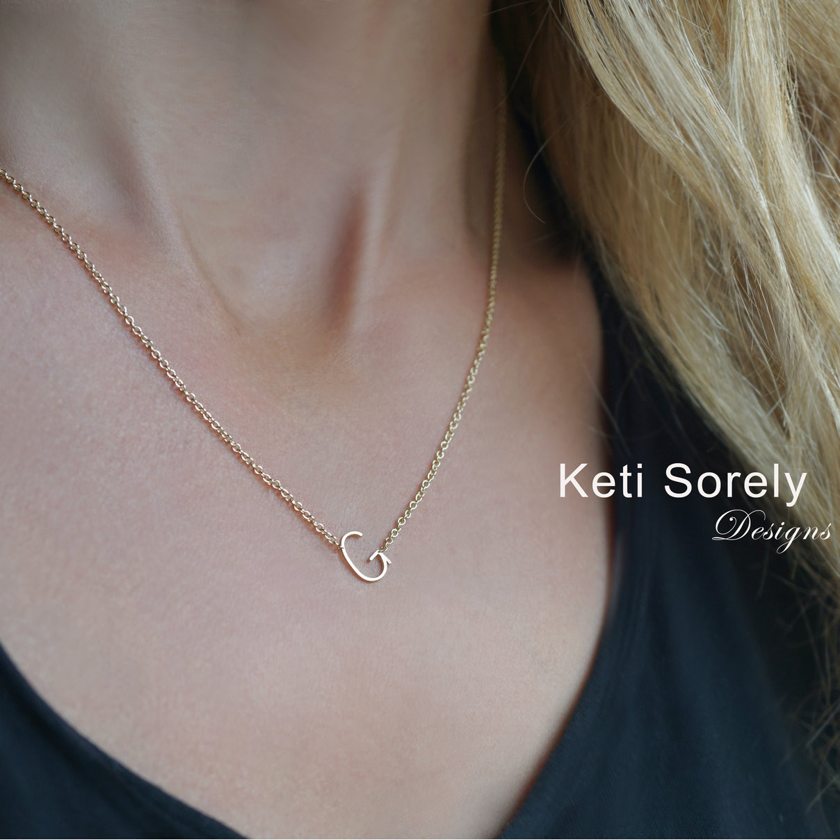 Gold Sideways Initial Necklace~by Purple Mermaid Designs – Initial Obsession