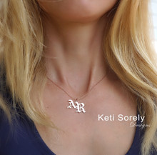 Gothic Style Initials Charm Necklace In Sterling Silver or Solid Karat Gold