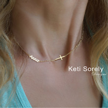 Dainty Name Necklace With Sideways Cross -  Choose Your Metal