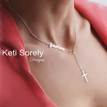 Dainty Lariat Cross necklace with Name - Choose Metal