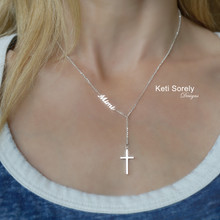 Dainty Lariat Cross necklace with Name - Choose Metal