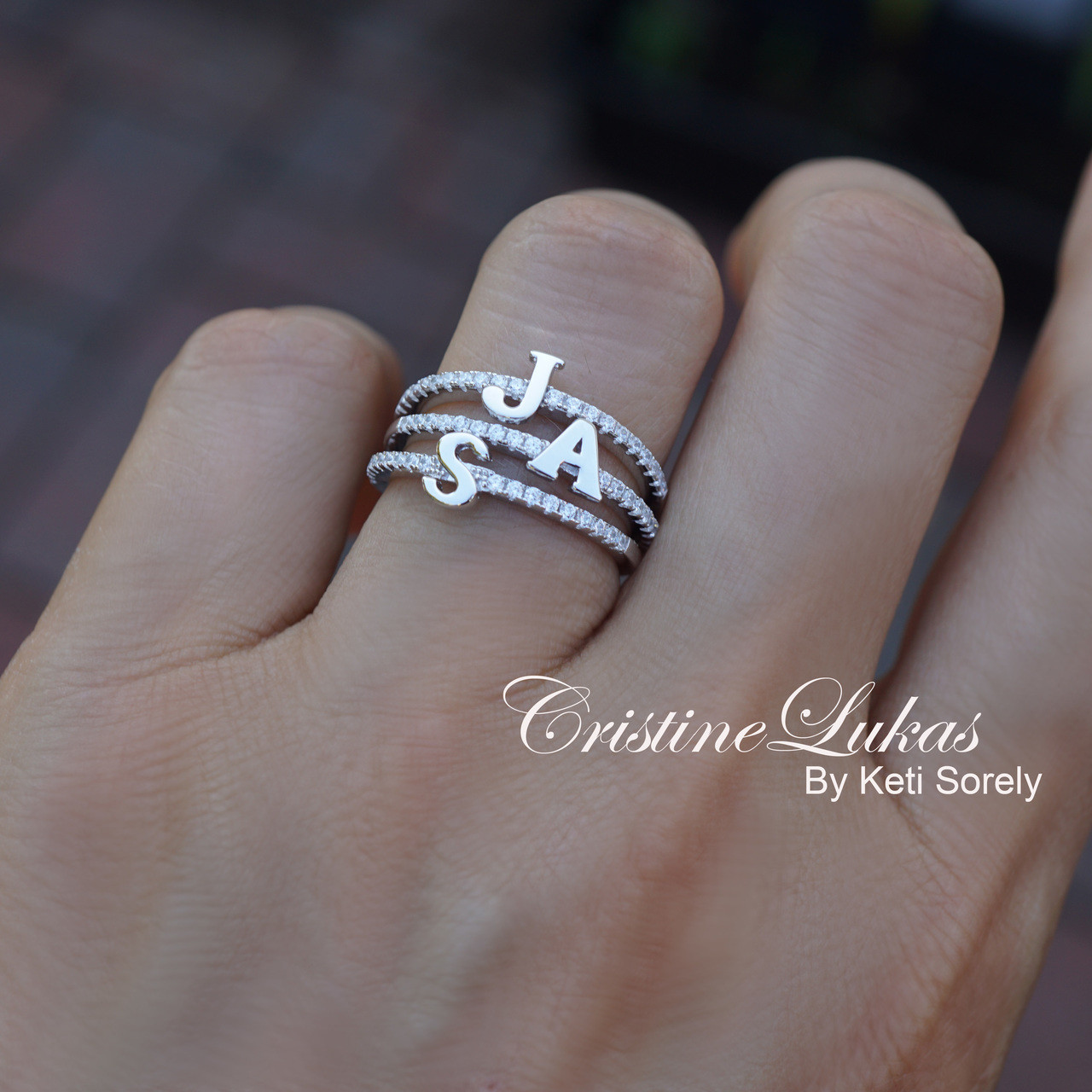 Dainty initial ring with Cubic Zircons eternity band with your