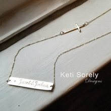 Personalized Bar Necklace With Sideways Cross & Diamond - Choose Your Metal