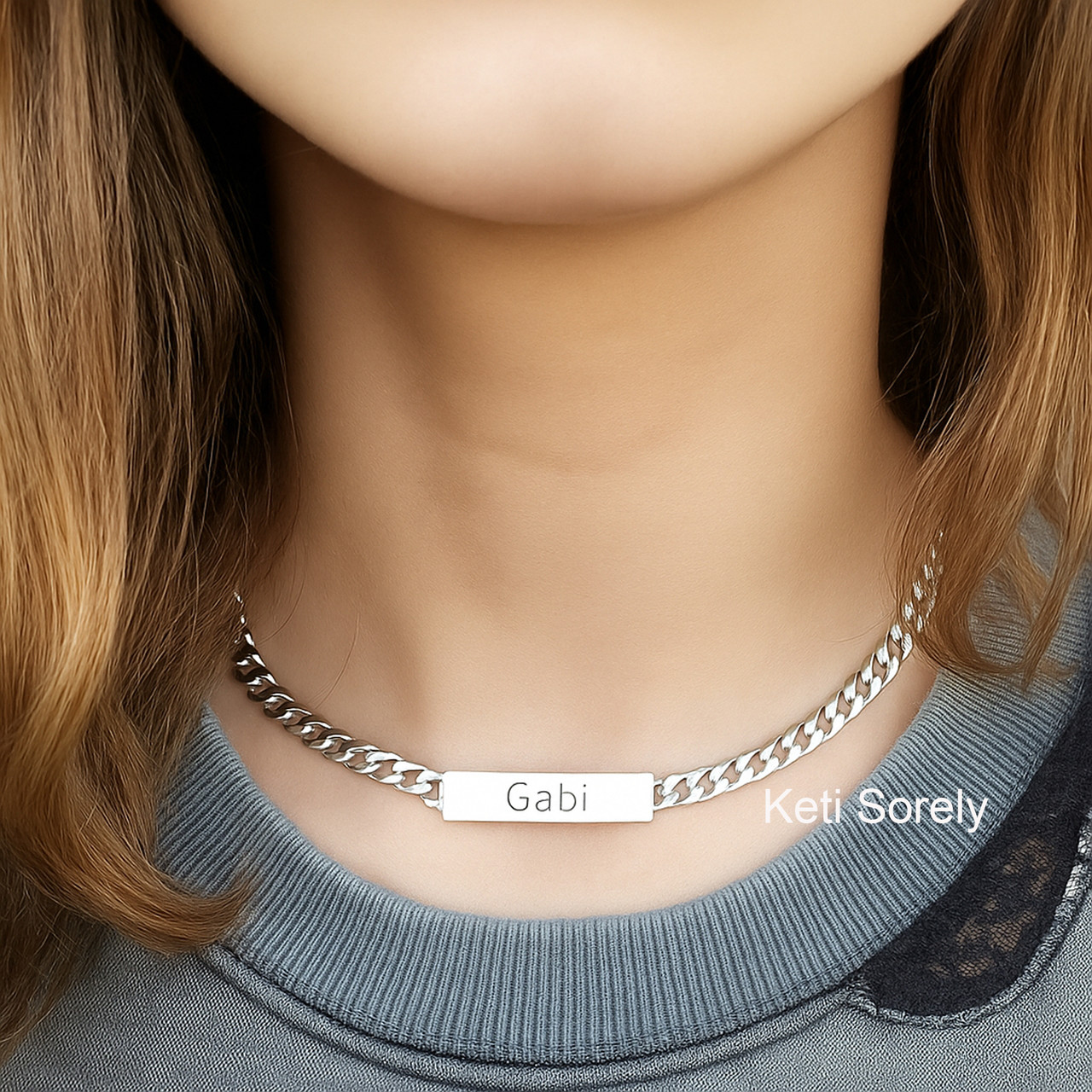 Personalized bar necklace with large chain, name, date or initial