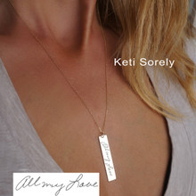 Vertical Bar Necklace with Engraved Handwriting Message - Choose Your Metal