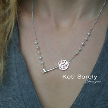 Sideways Key Necklace With Initials & Pearls- Yellow, Rose or White Gold