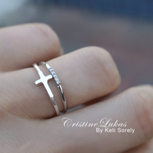 Dainty Cross Ring with CZ Band - Rings Set in Solid Gold