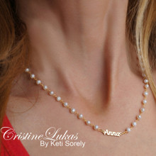 Natural White Pearls Necklace with Personalized Dainty Name, Choose metal