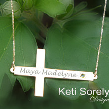 Sideways Cross Necklace with Name & Birthstone - Choose Metal