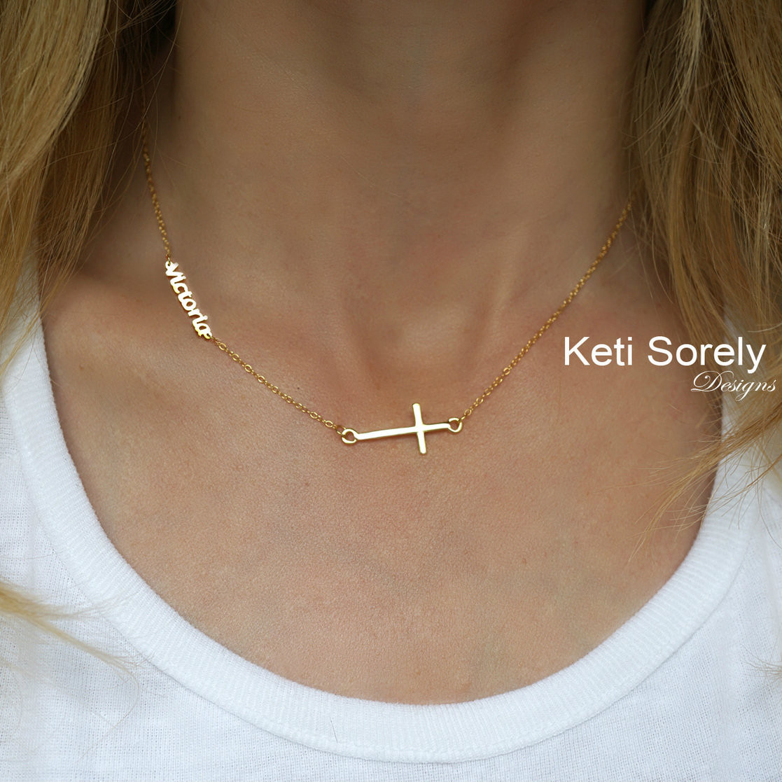 Personalized name necklace with sideways cross in Sterling Silver